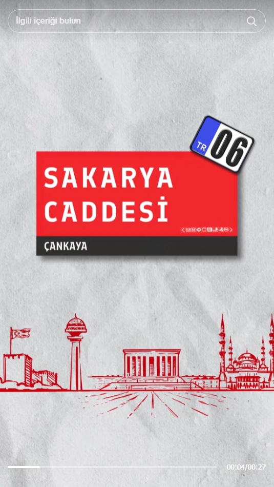 TikTok’ta Hosta Döner hesabından bir video ekran görüntüsü; beyaz kağıt arka planda kırmızı Sakarya caddesi tabelası, Ankara 06 plaka kodu ve şehrin simgeleri kırmızı çizimle yer alıyor.