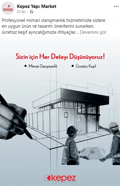 Kepez Yapı Market Facebook paylaşımı ekran görüntüsü; “Sizin için her detayı düşünüyoruz” mesajıyla hizmetler tanıtılıyor.